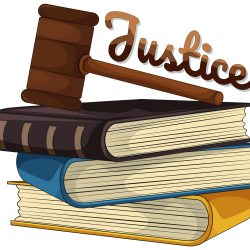 Stack of books with a gavel on top, labeled Justice
